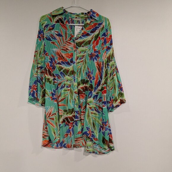 BNWT Sunny Leigh Trp Daydrm Floral Pleated Blouse Mint Green Blue Orange Size 2X - Picture 1 of 7